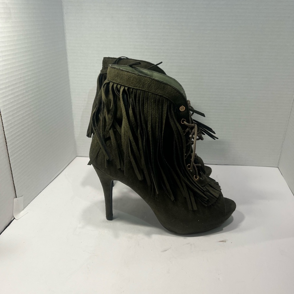 Ashley Stewart Olive Fringe Heeled Booties